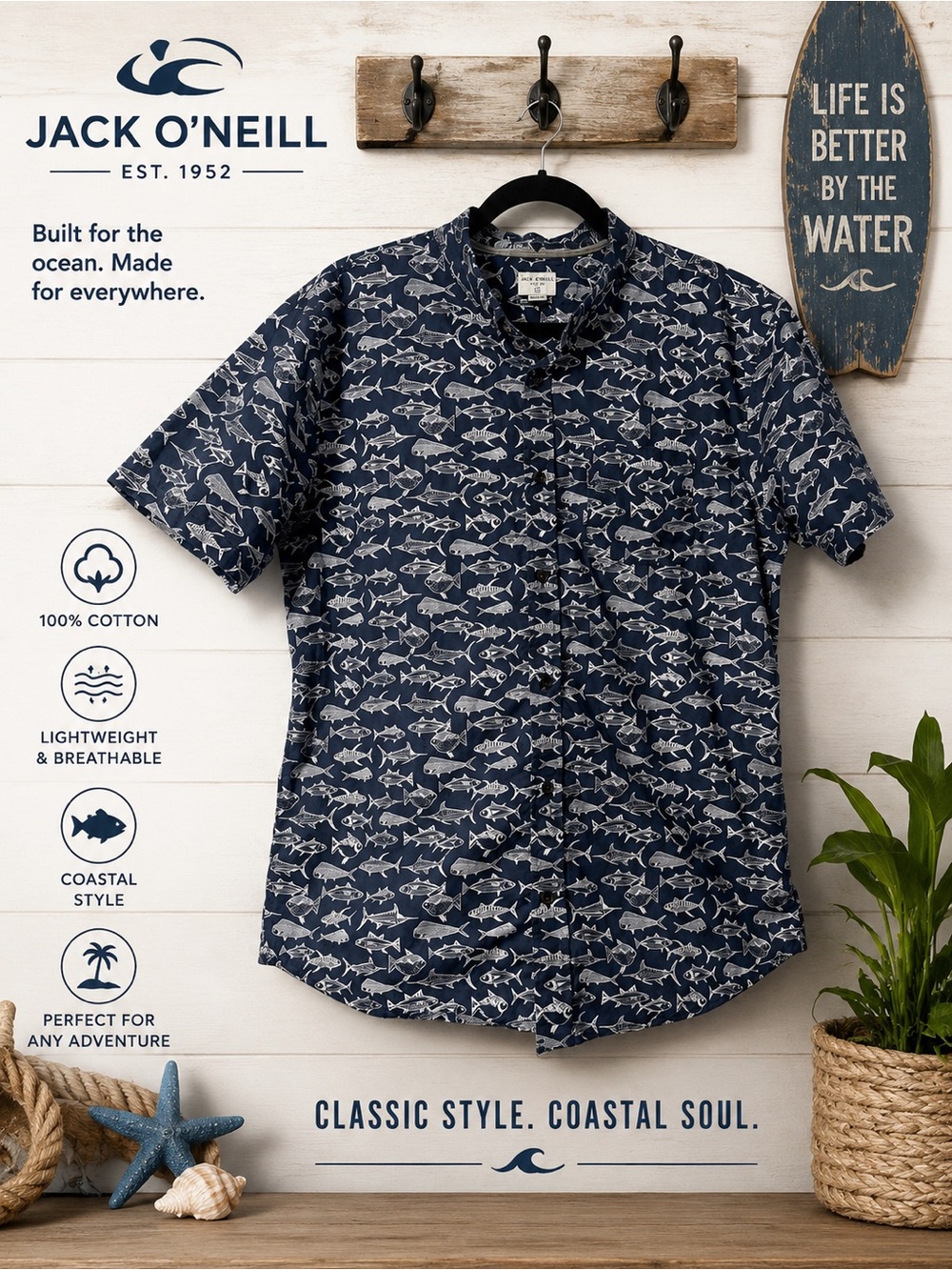 Jack OāNeill Fish Print Button Front Shirt Blue White Cotton Size Large